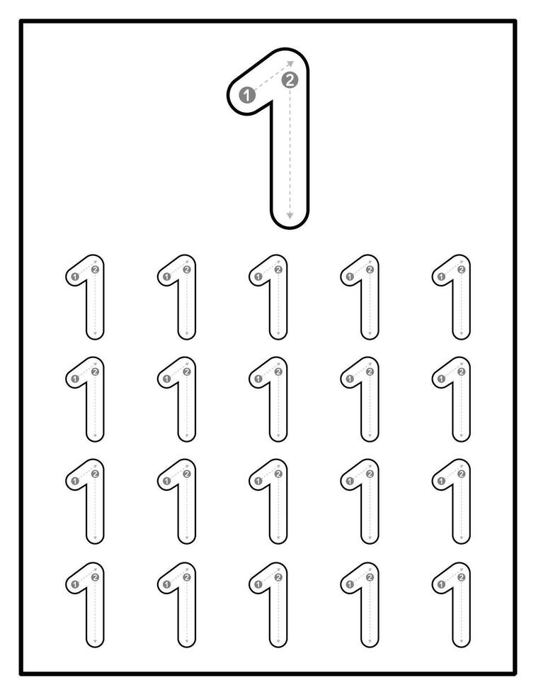 Number Tracing Practice Worksheets For Kids Number One 1 vector