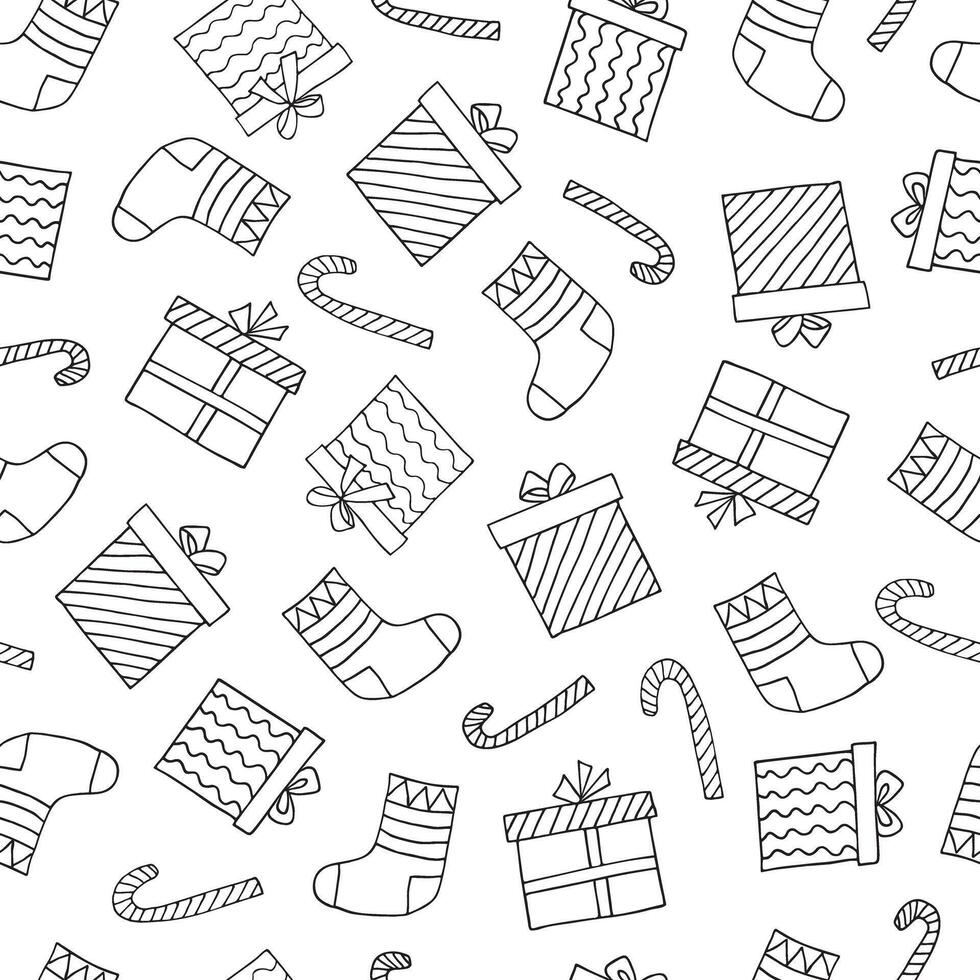 Illustration in a hand-drawn style. New Year's seamless pattern of New Year's socks, gifts. Can be used to create postcards, covers, patterns, backgrounds. vector