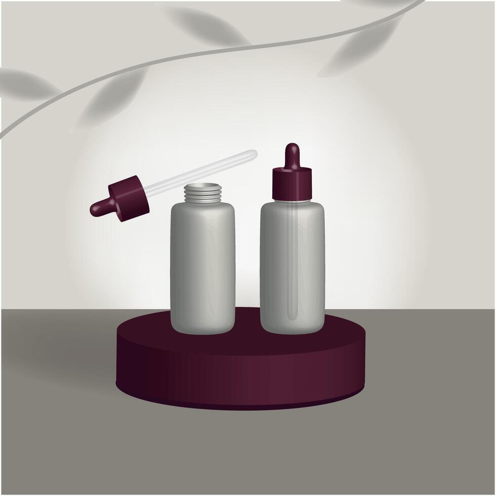Bottles with a pipette. 3D rendering. Can be used to create presentations, labels, packaging for cosmetics, shampoos, care products, vitamins and supplements. vector