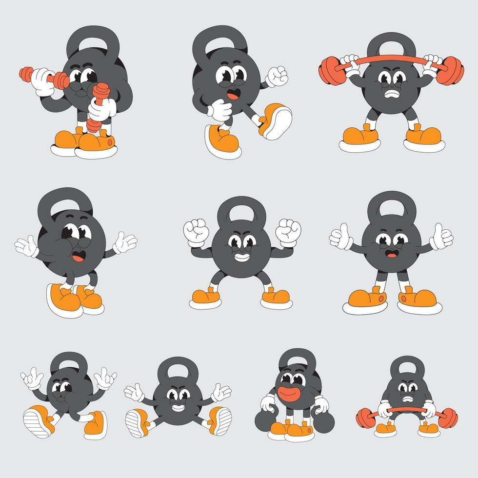 Retro Kettlebell mascot character illustration vector