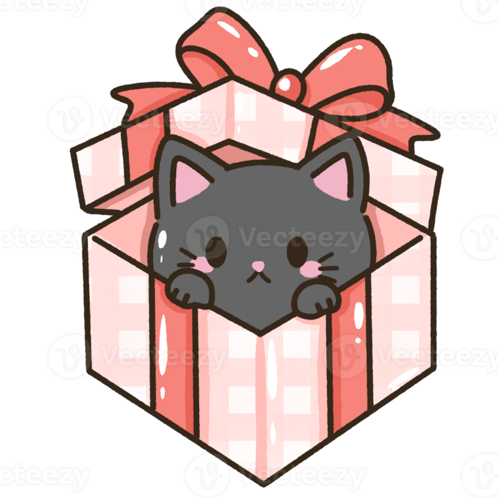 A black cat popping up from a red present gift Christmas Hand drawn doodle illustration kawaii cute cat. Pet cartoon character. Kitten Collection of design elements invitation greeting card png