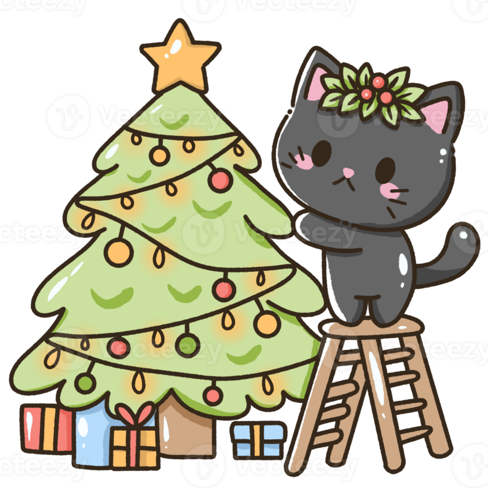 A black cat is decorating a christmas tree Christmas Hand drawn doodle illustration kawaii cute cat. Pet cartoon character. Kitten Collection of design elements invitation greeting card png