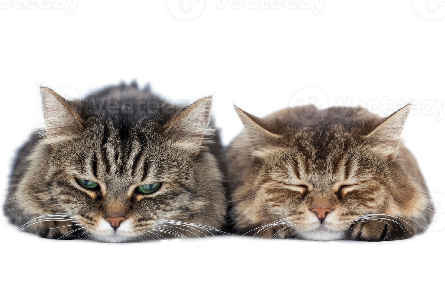 Two expressive cats resting together on a transparent background, one appearing sad, revealing a moment of feline contemplation png
