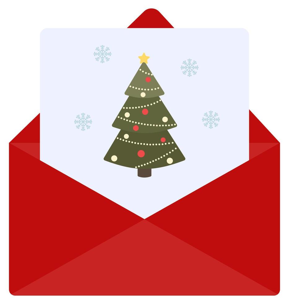 Flat icon of christmas greeting card in red open envelope isolated on white background. vector