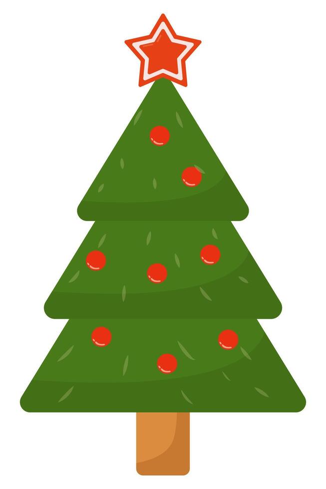 Flat icon of Xmas tree decorated with festive baubles and star isolated on white background. vector
