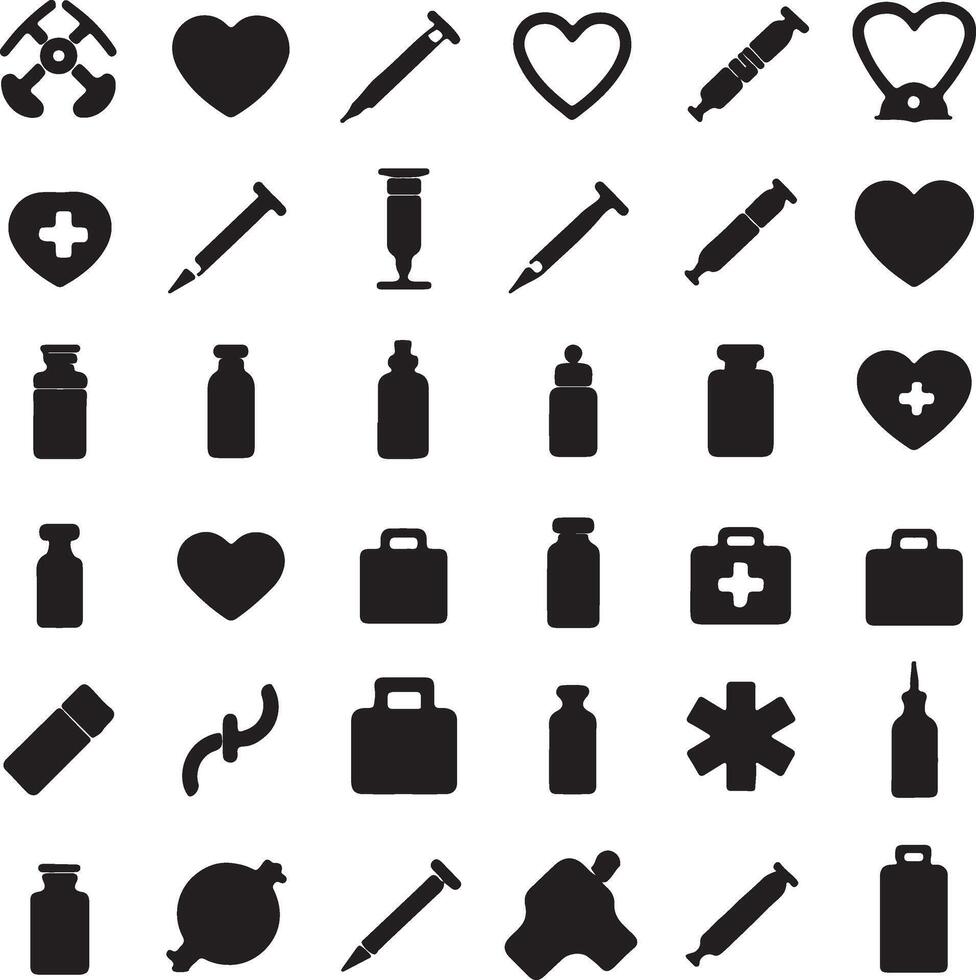 A collection of 30 medical icons, including hearts, syringes, bottles, first aid kits, and other healthcare symbols. All icons are in black silhouette style. vector
