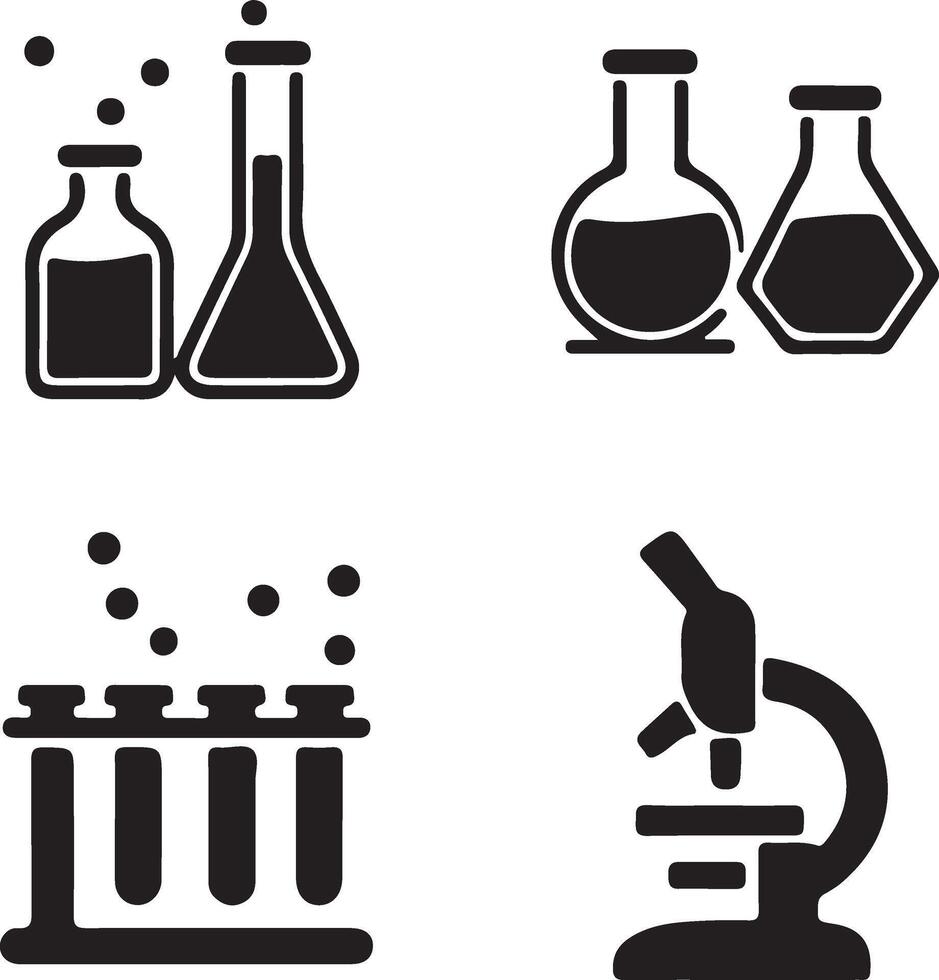 Science Lab Equipment Icons Flasks, Tubes, Microscope vector