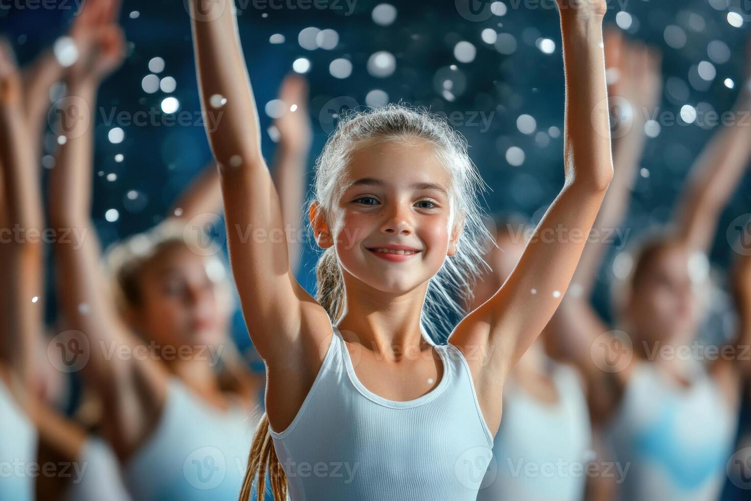 Young ballerina smiling and raising arms with other ballet dancers photo