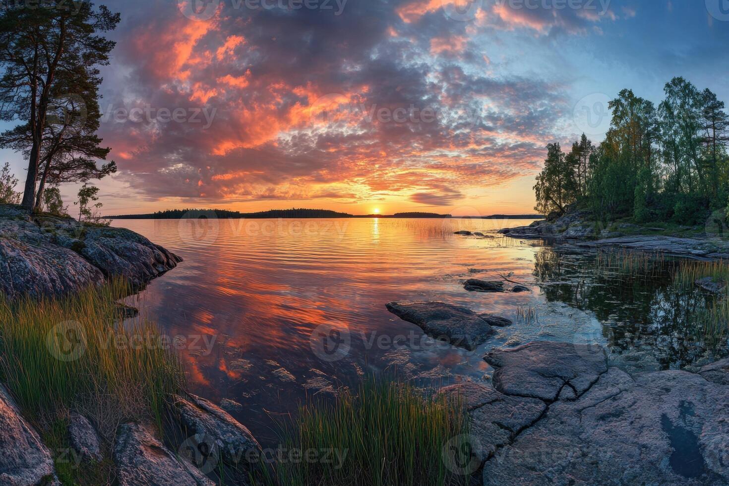 Breathtaking panoramic sunset reflecting on calm lake with rocky shores and lush trees photo