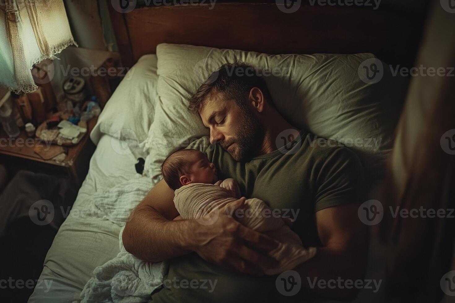 Father sleeping peacefully in bed while holding his newborn baby photo