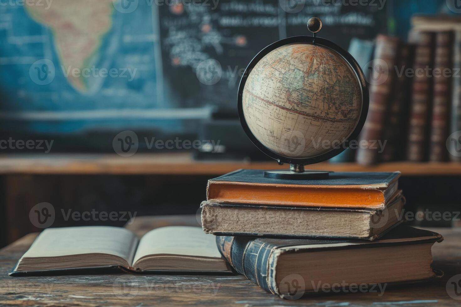 Globe on stack of books in classroom setting promoting education and geography photo