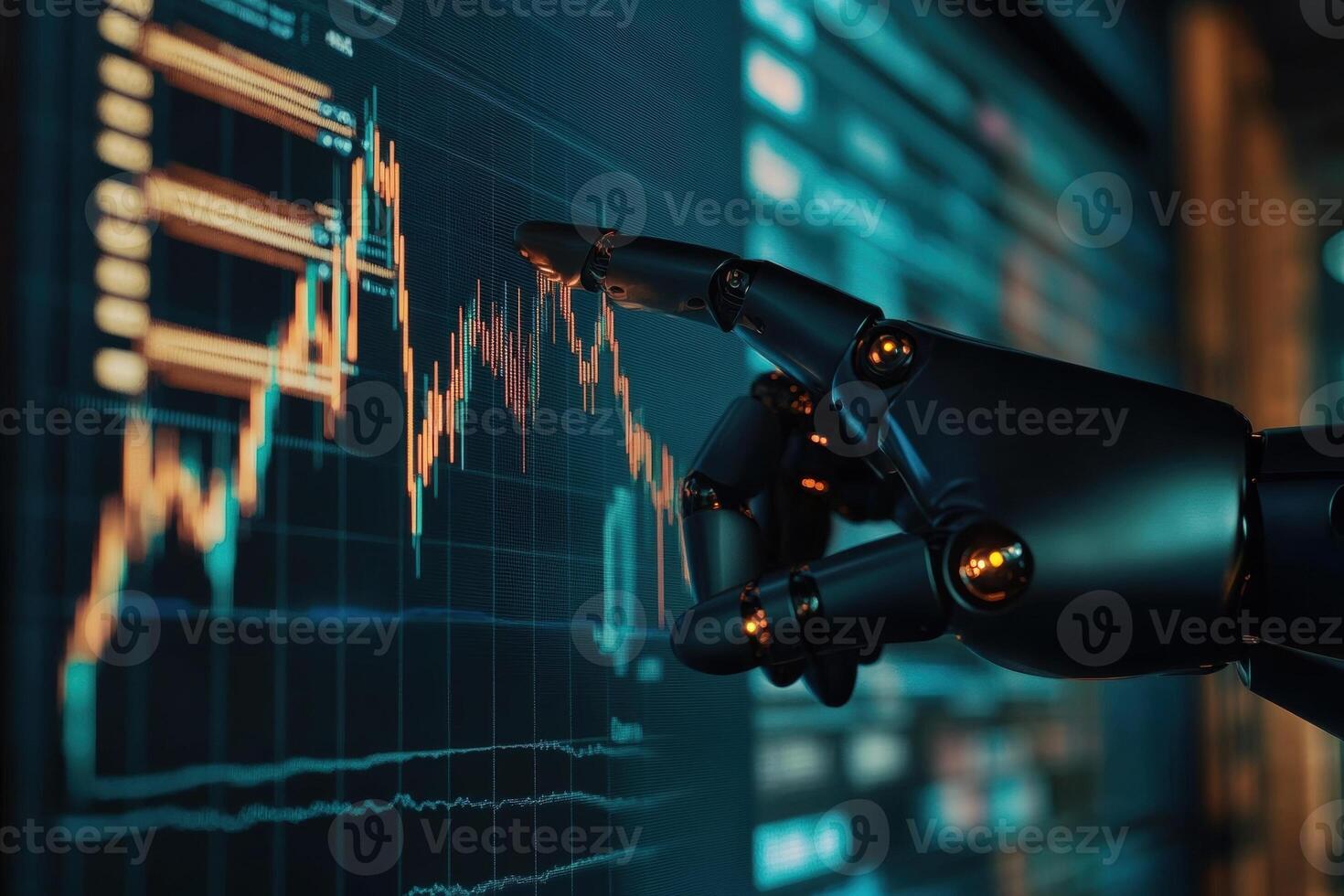 Robotic arm pointing at stock chart on digital screen photo