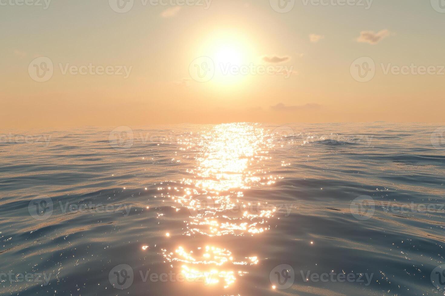 Golden sunset reflecting on calm ocean waters creating shimmering surface photo