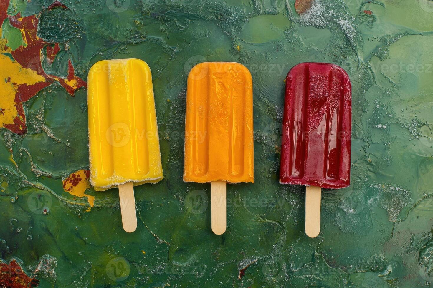 Colorful ice cream bars resting on green textured background photo