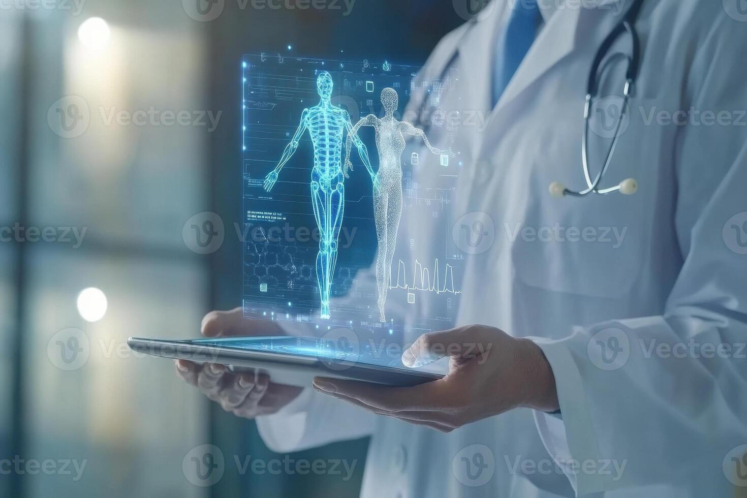 Doctor holding tablet showing hologram of human body and medical data photo