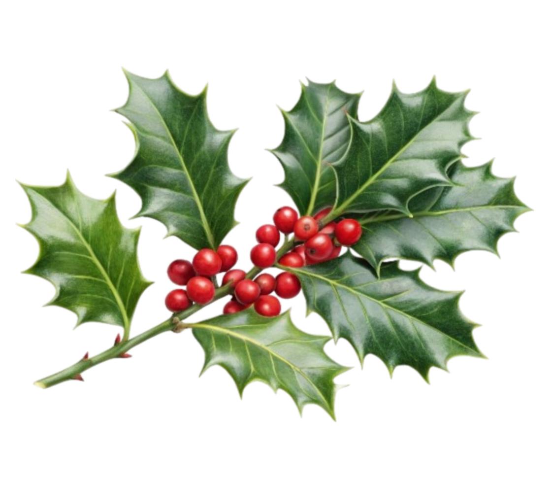 Sprig of holly with red berries on transparent background png