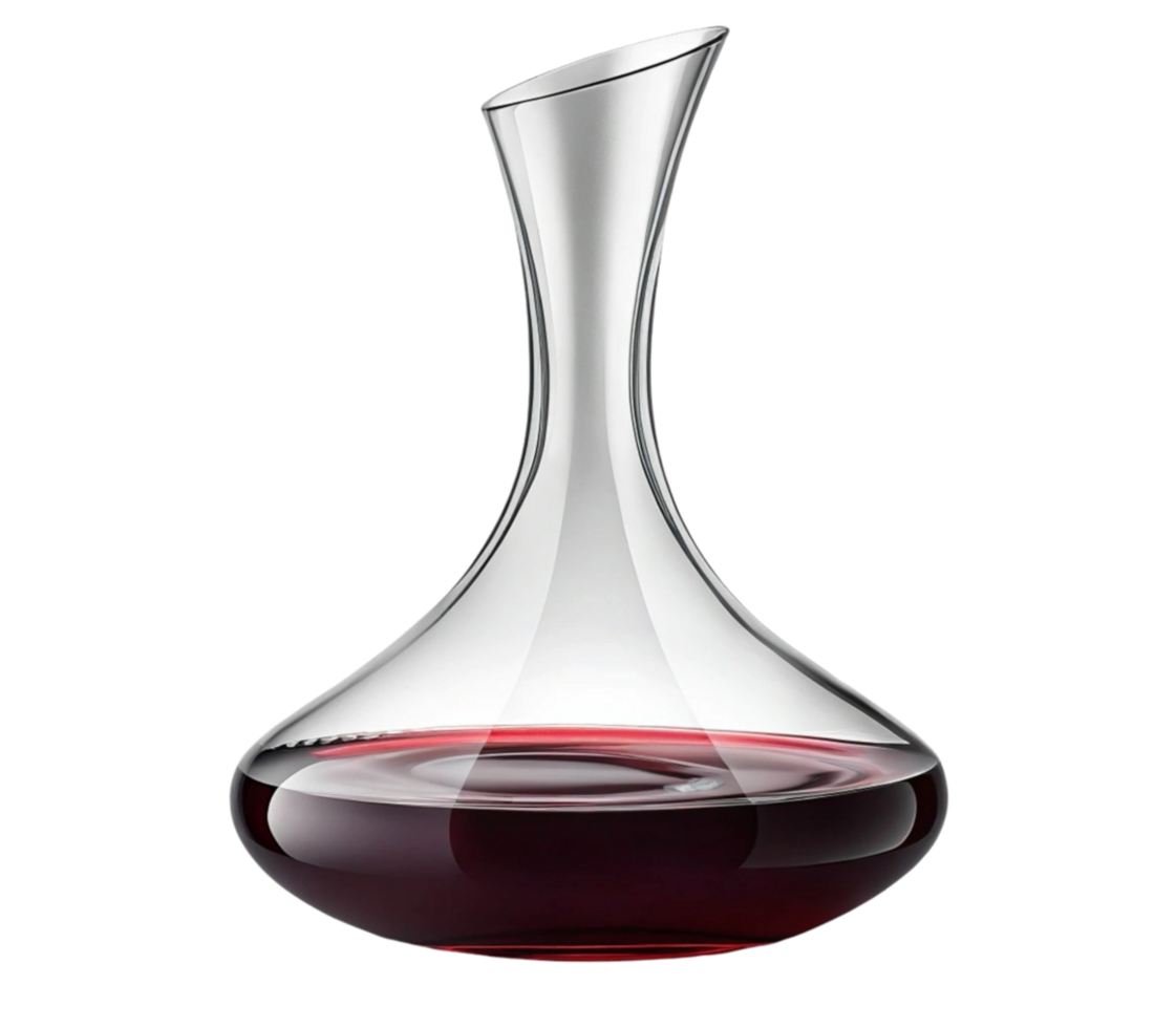 Elegant glass wine decanter filled with red wine on transparent background png