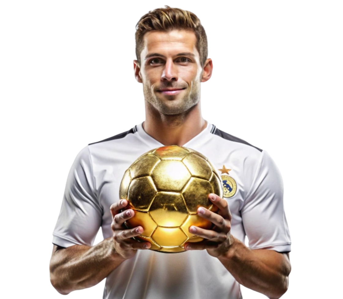 Soccer player holding golden ball on transparent background png