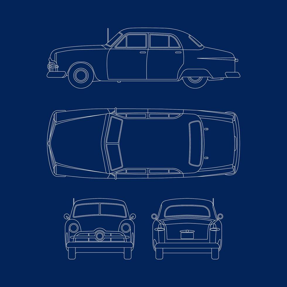 Outline blueprint of retro car on blue background vector