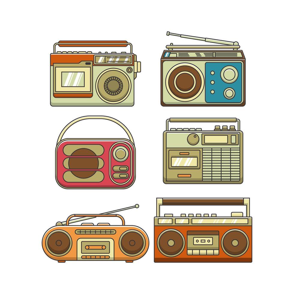 Set of retro portable stereo radio cassete recorder illstration vector