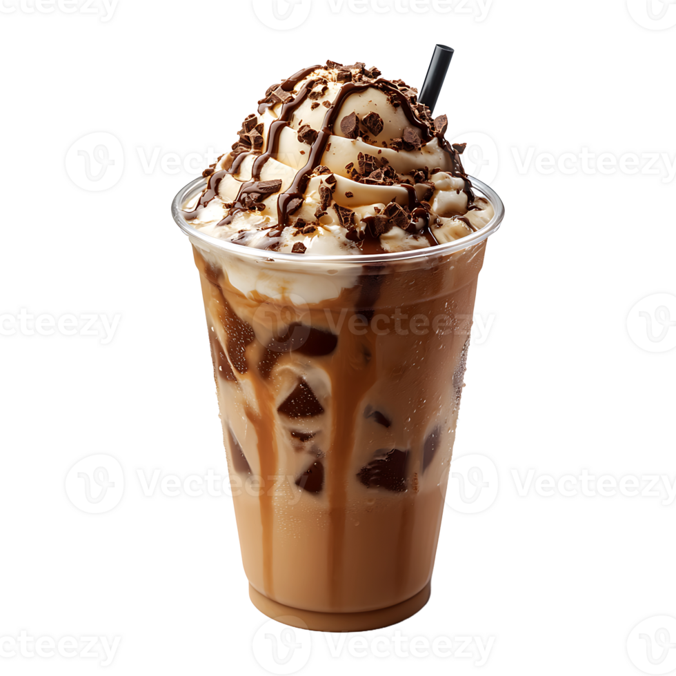 A cup of iced coffee with ice cream and a chocolate isolated on transparent background. png