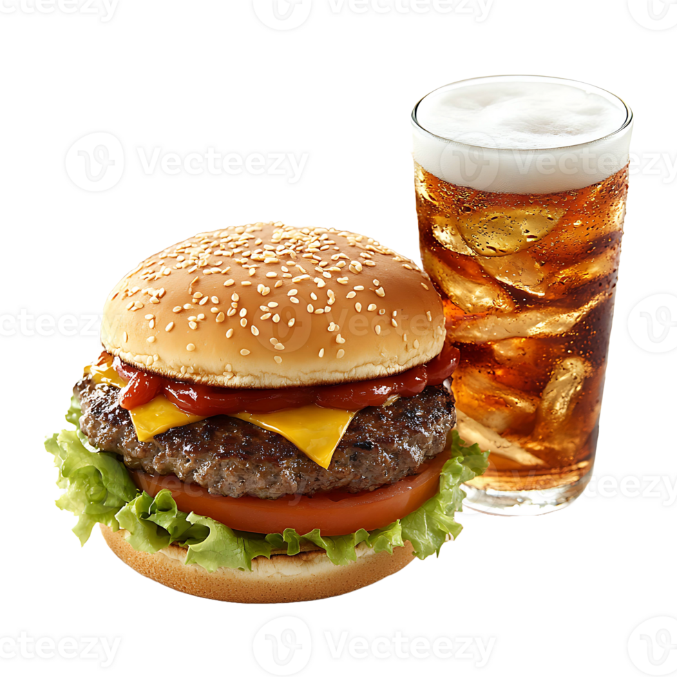 Cheeseburger with fries and a cold beverage isolated on transparent background. png
