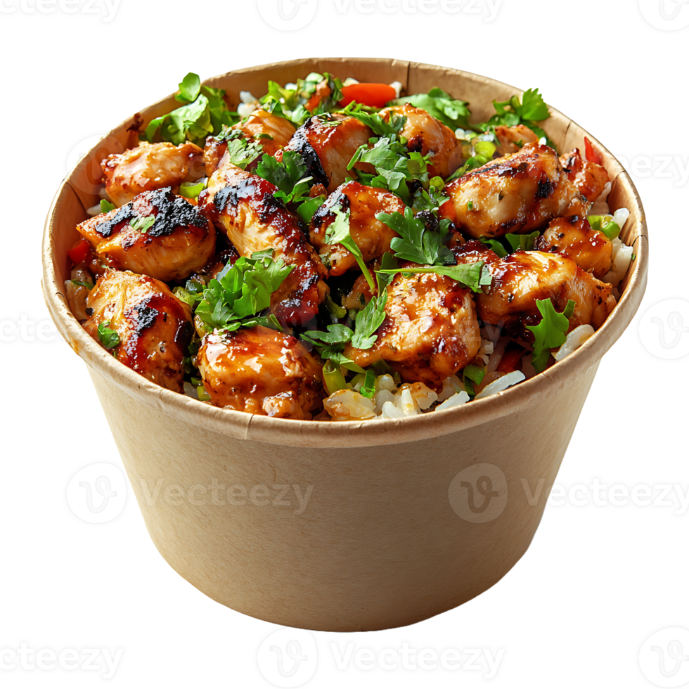 A container of chicken and rice in a brown paper container isolated on transparent background. png