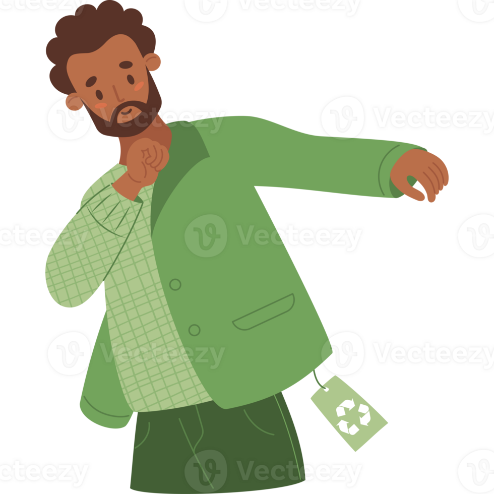 Eco Shopping. Black man trying on eco-friendly jacket made from recycled material png