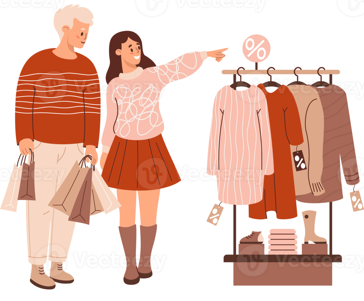 Cute buyers man and woman in store on shopping sale clothes png