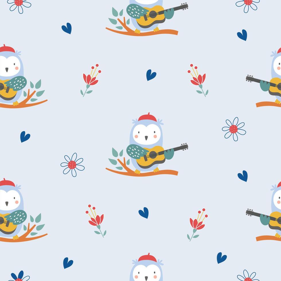 blue bird singing cute seamless pattern vector