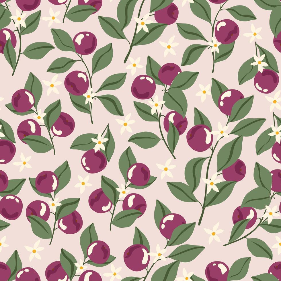 seamless pattern with cherry and flowers and leaf vector