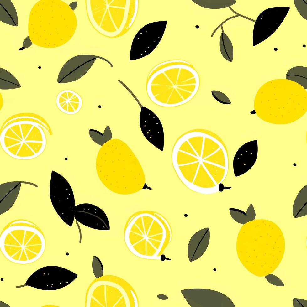 a yellow background with lemons and black leaves vector