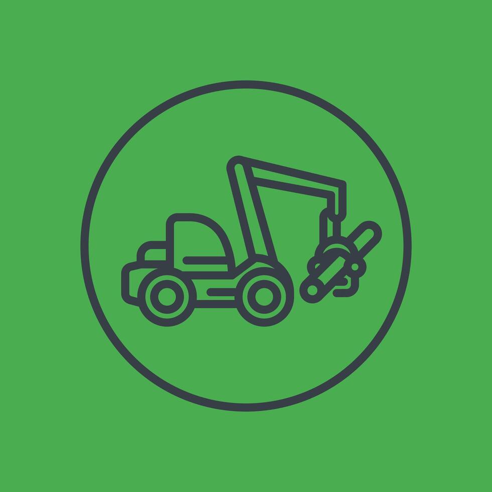 Forest harvester line icon in circle, wheeled feller buncher, timber harvesting machine vector