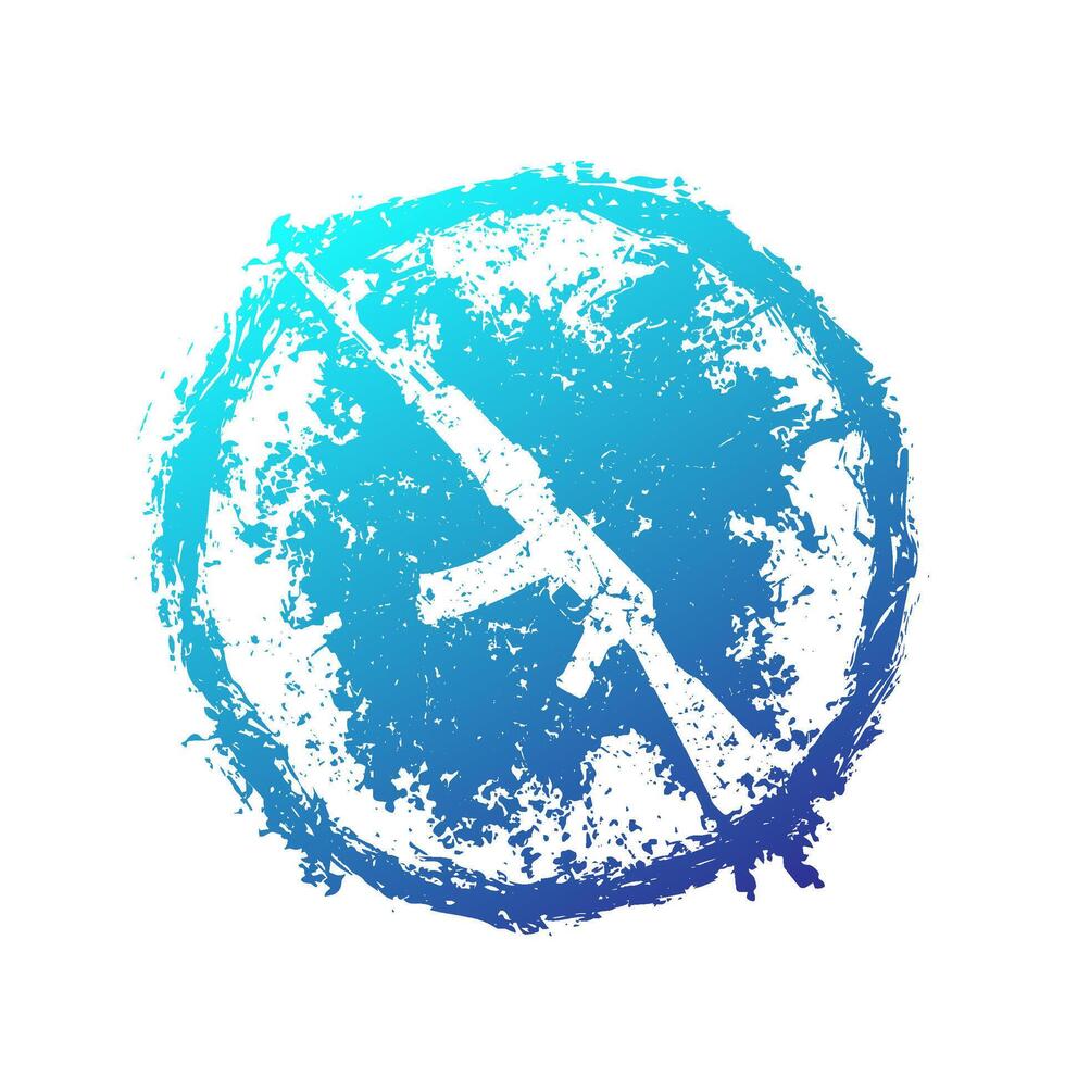 grunge emblem with assault rifle, automatic gun, blue on white, illustration vector