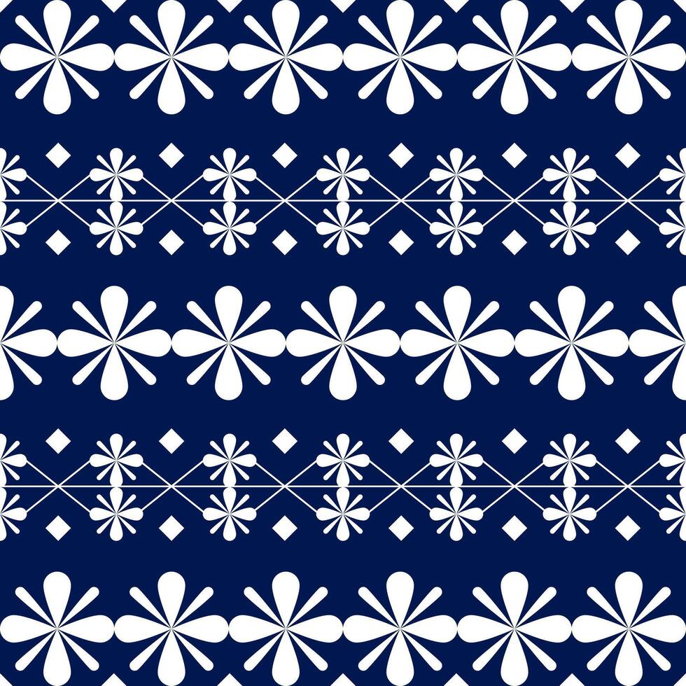 Abstract Ikat white floral ornament seamless pattern and geometric shapes on navy blue wallpaper and background vector
