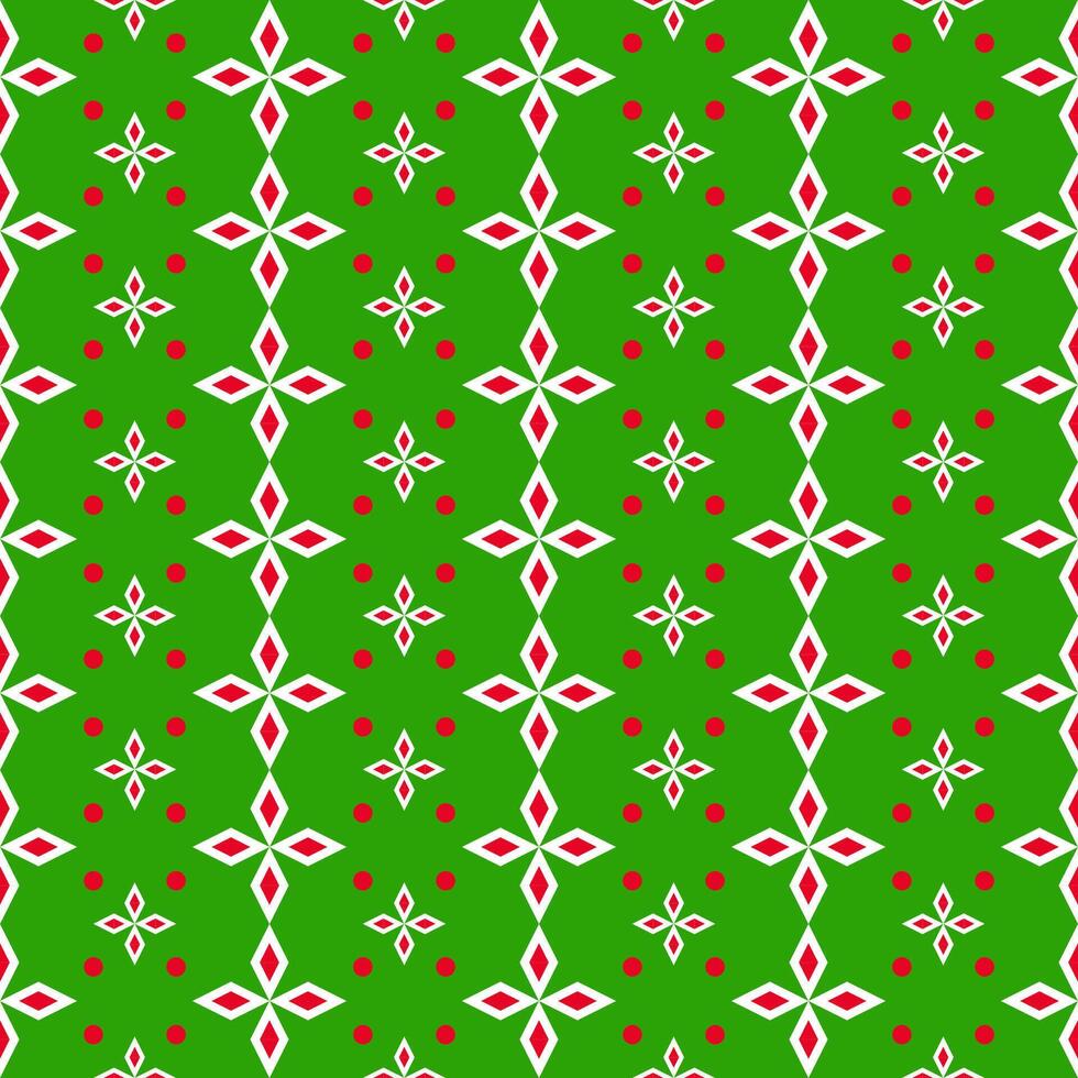 Abstract Ikat white and red with circle floral ornament seamless pattern and geometric shapes on green wallpaper and background. Christmas and new year concept vector