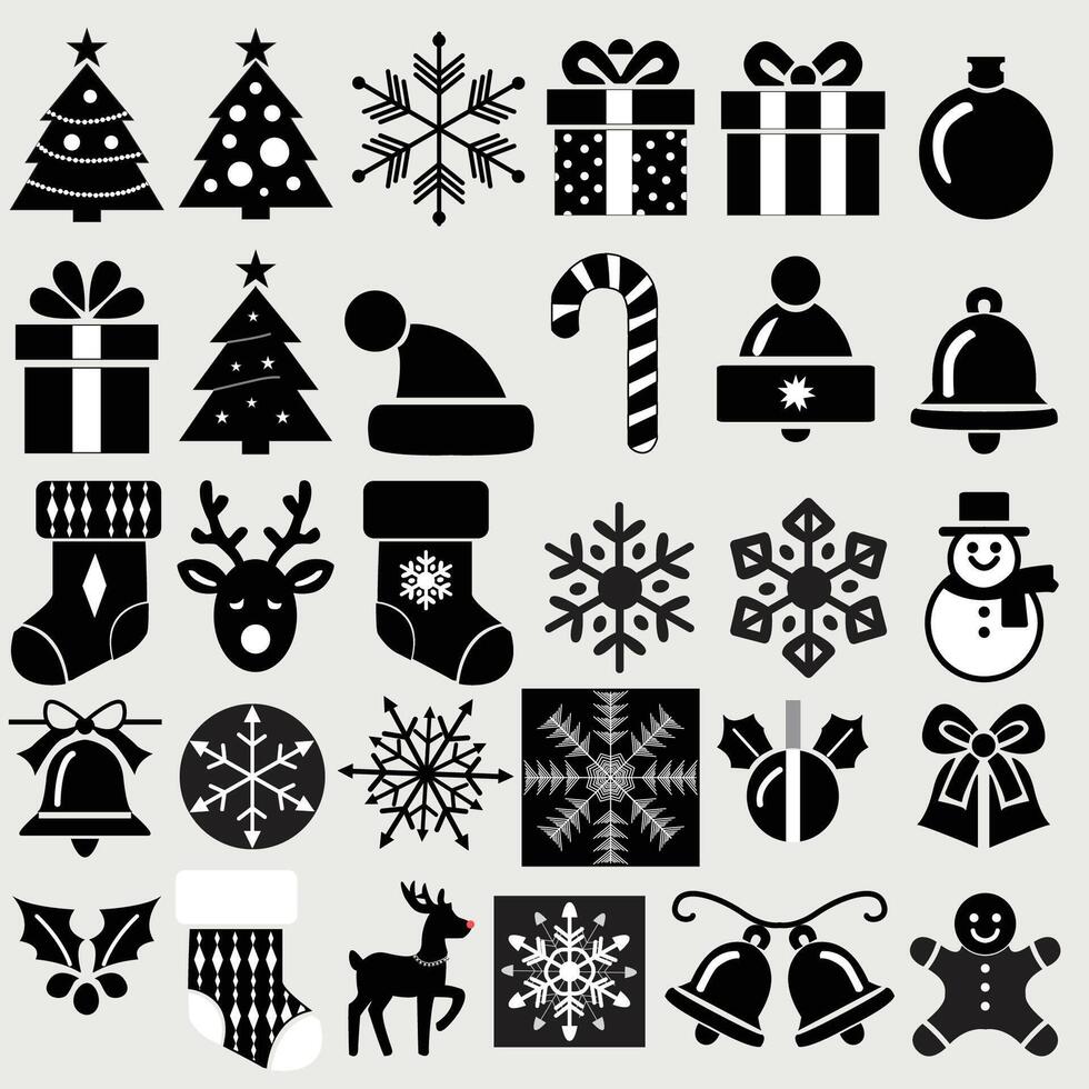 set of black and white Christmas icons vector