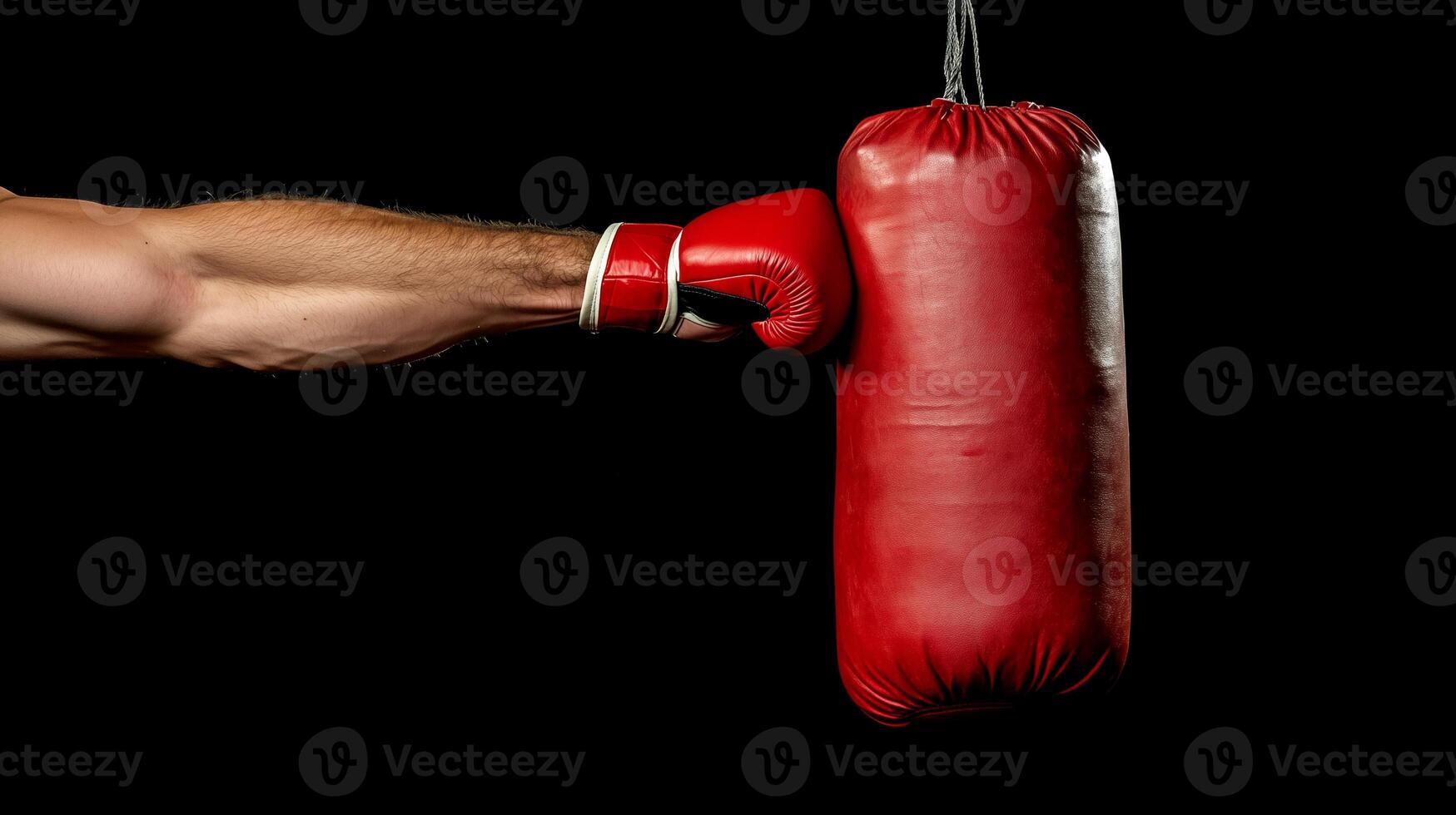Close-up of Strong Arm Delivering Punch to Punching Bag with Red Boxing Glove, isolated on Black Background. photo