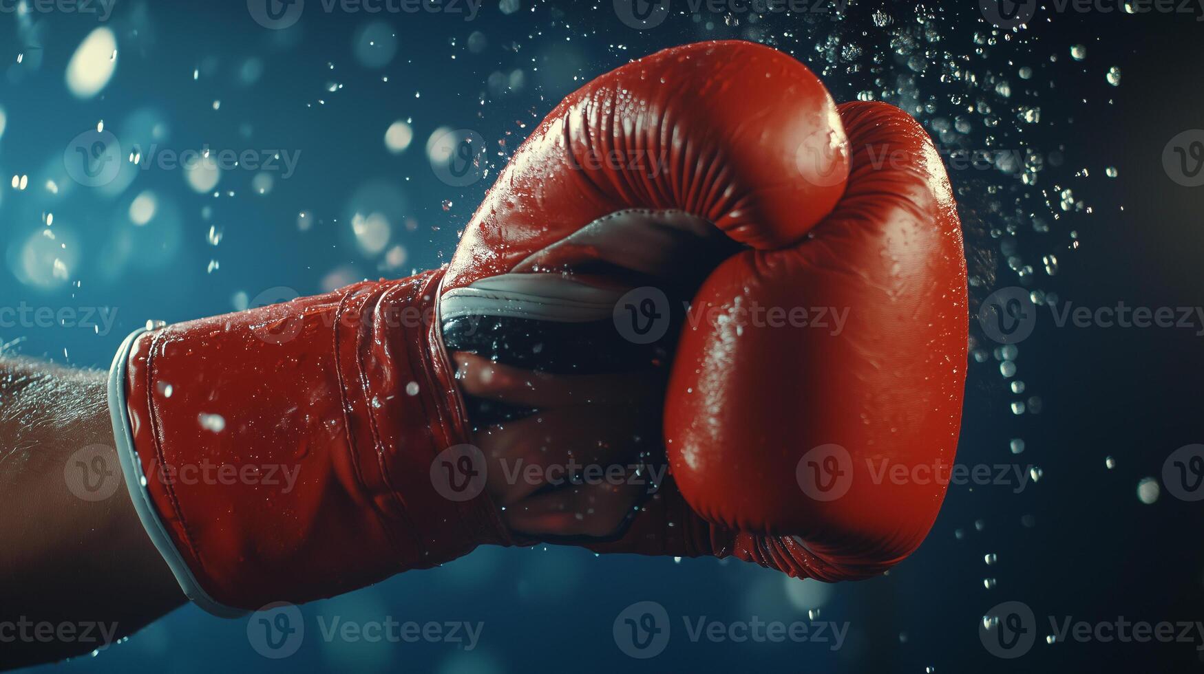 Dynamic boxing punches with red gloves in action with water droplets in the air, isolated on dark blue light background. photo