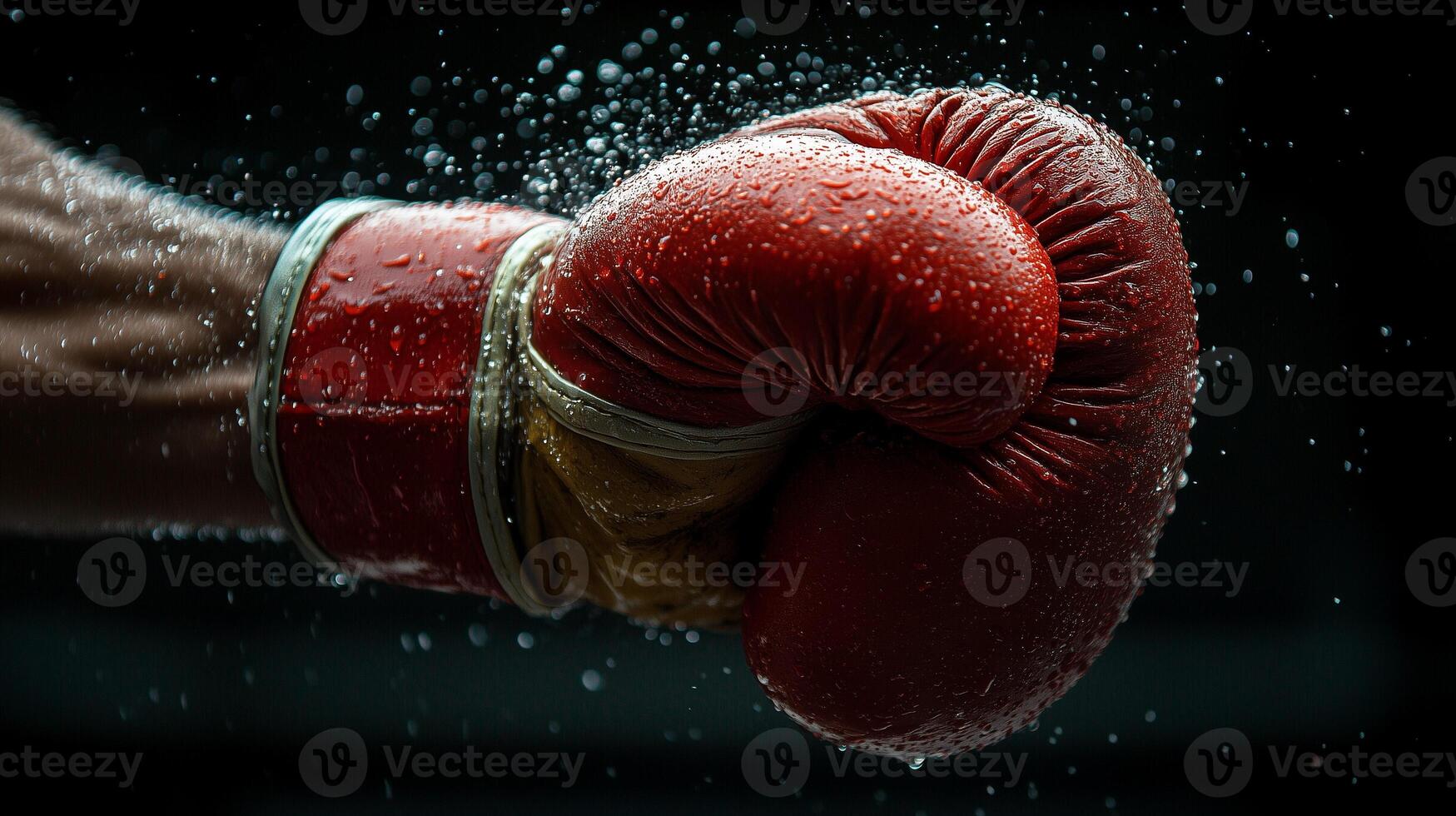 Powerful Punch with Red Boxing Glove Soaked in Water on Dark Background. Close-Up of Red Boxing Glove in Action with Water Droplets. photo
