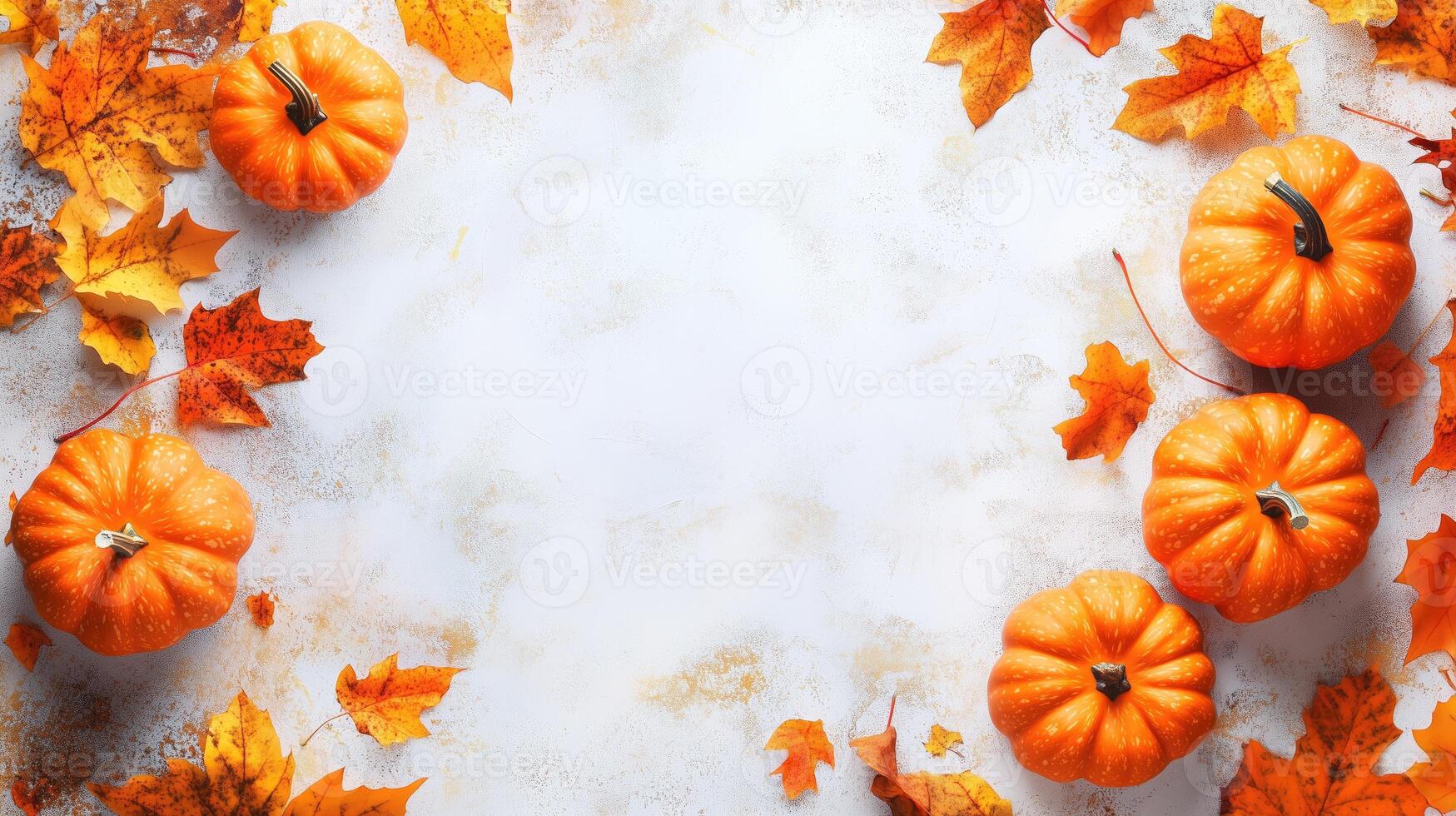 Fall Background with Autumn Orange, Yellow Leaves Pumpkins. Space for Text in Center. photo