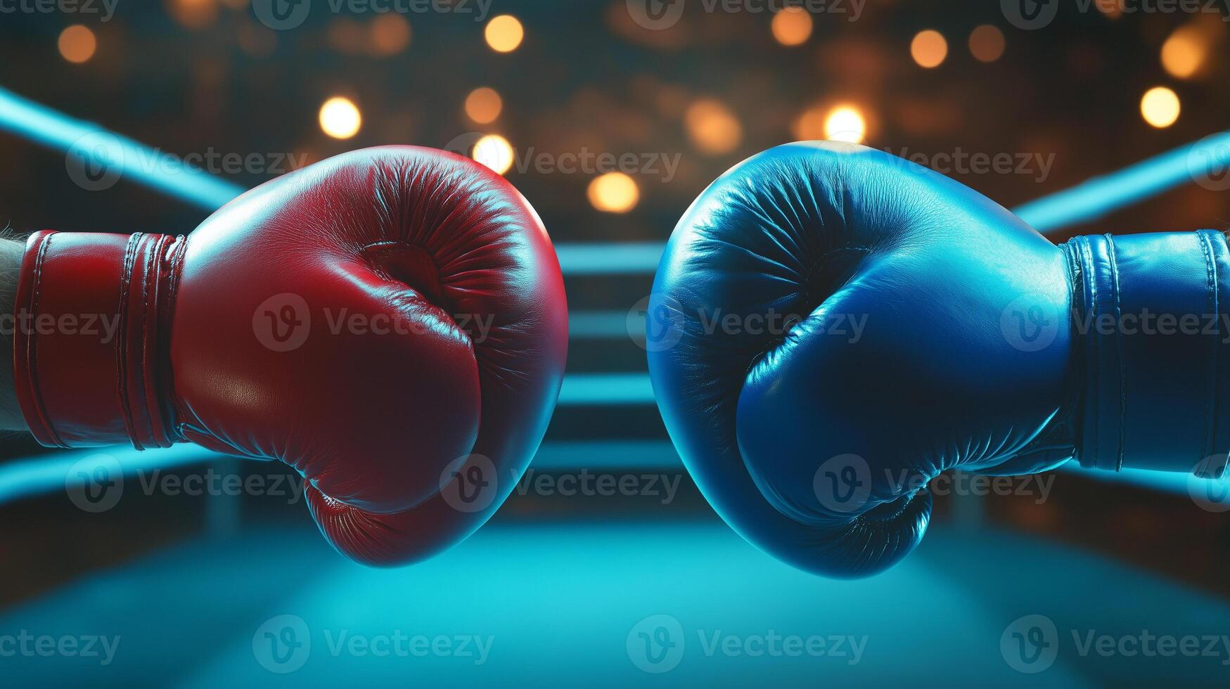 Closeup of two boxers touching boxing gloves before fight match on boxing ring background. Red and blue boxing gloves. photo