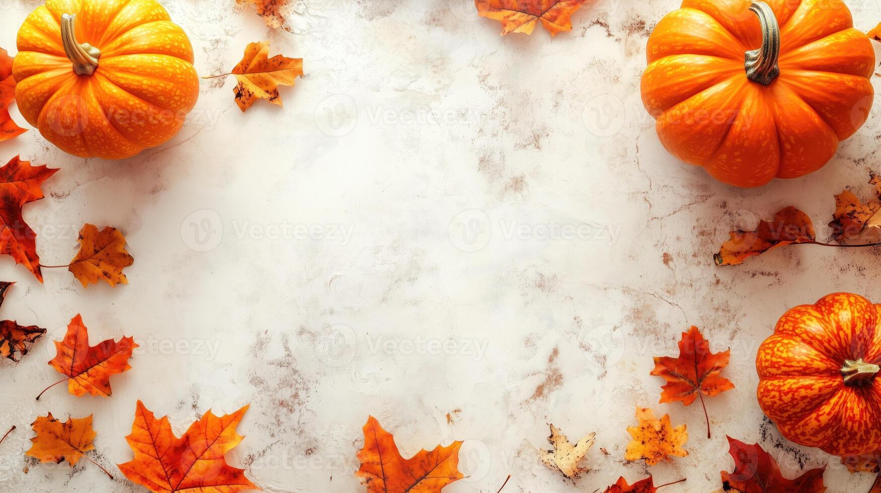 Fall Harvest Theme with Pumpkins and Maple Leaves. Autumn Background. Copy space for text. photo