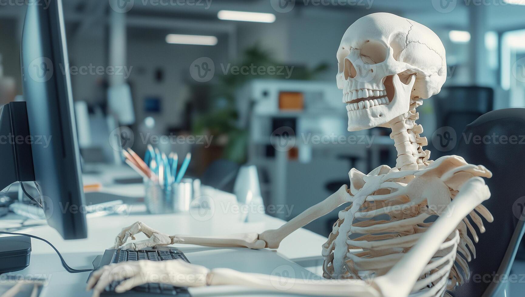 Skeleton of businessman working in the office. Dead skeleton working at office. photo