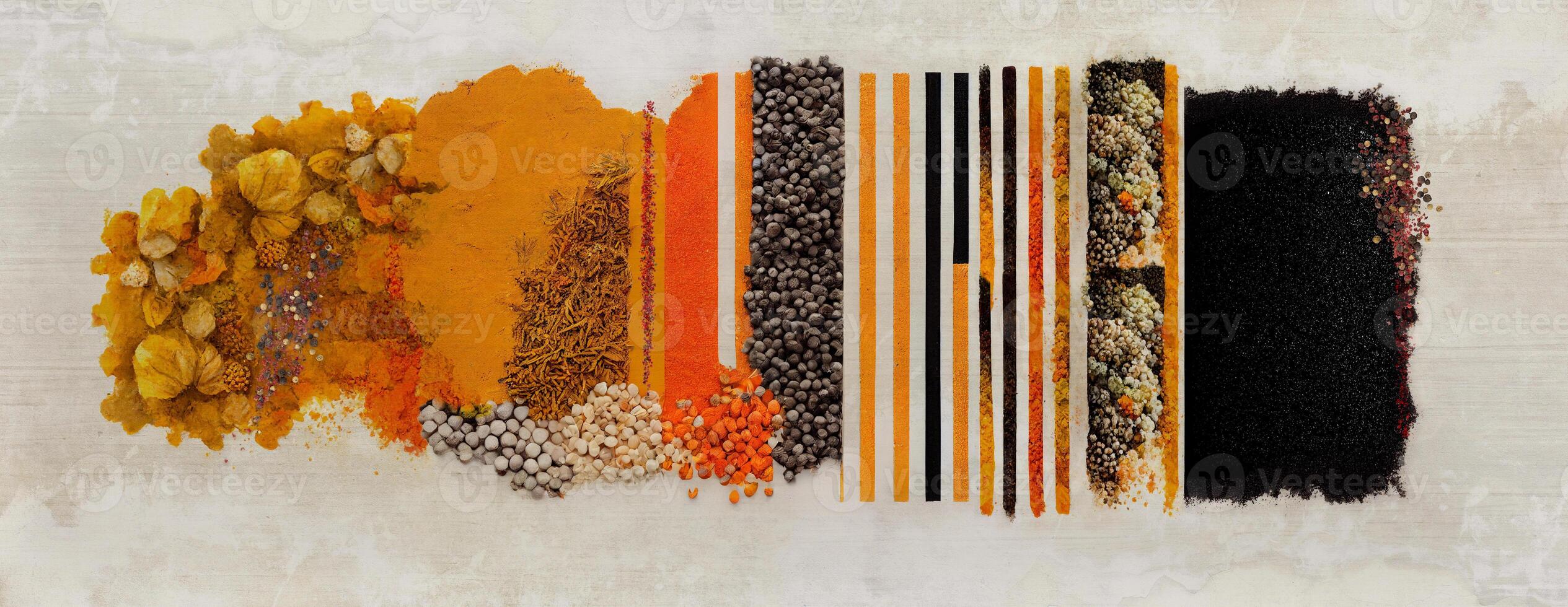 A collage of loose spices and colorful textures, dominated by orange tones photo
