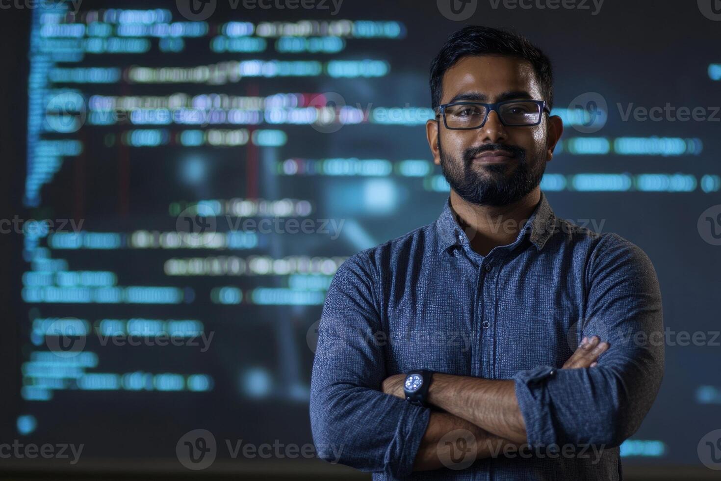 Indian programmer standing with crossed arms in front of computer code display photo