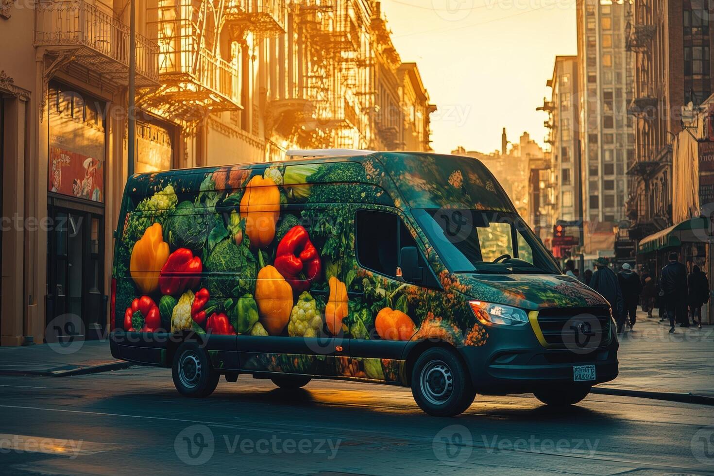 Delivery van adorned with colorful vegetables promoting healthy food in the city photo