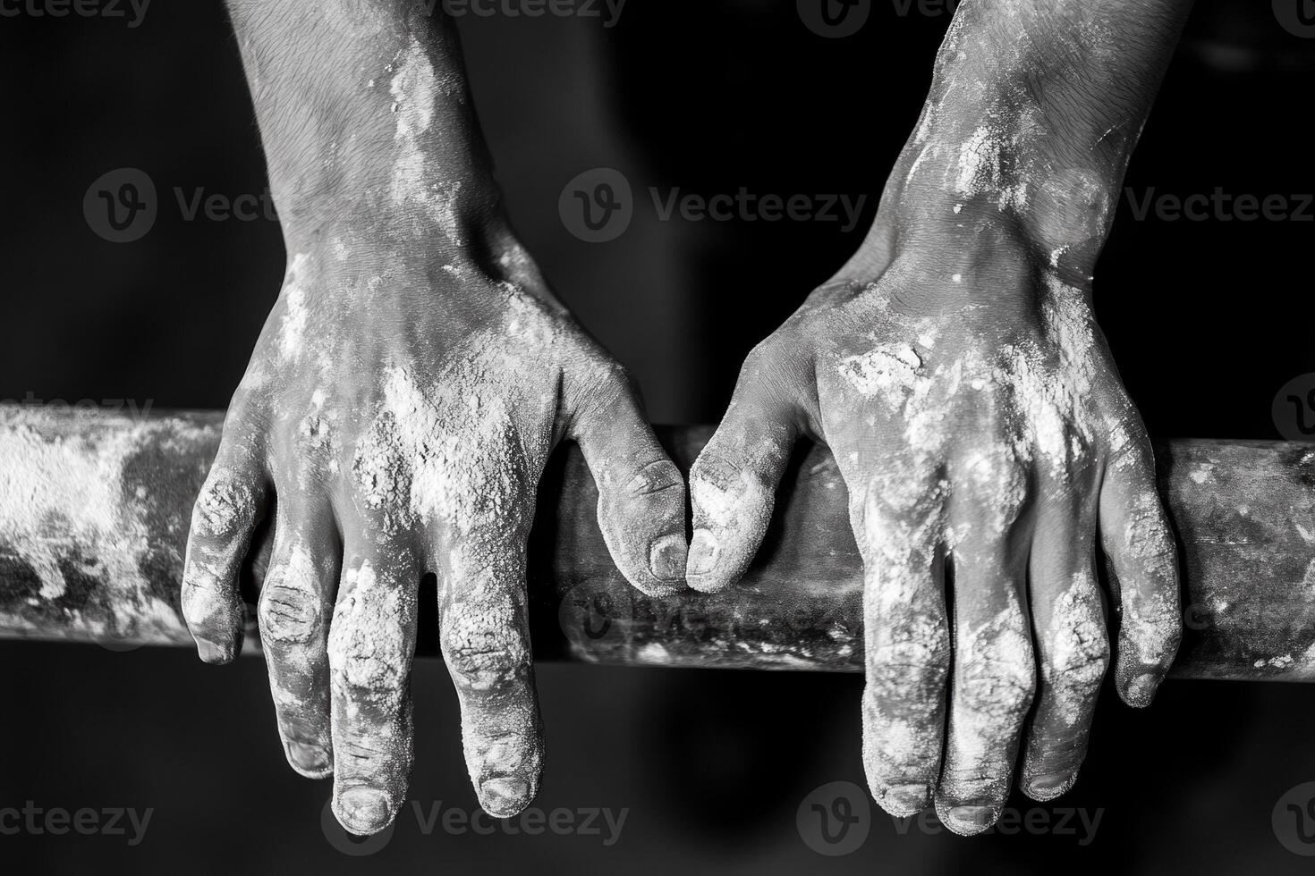 Gymnast gripping uneven bars with chalked hands in black and white photo