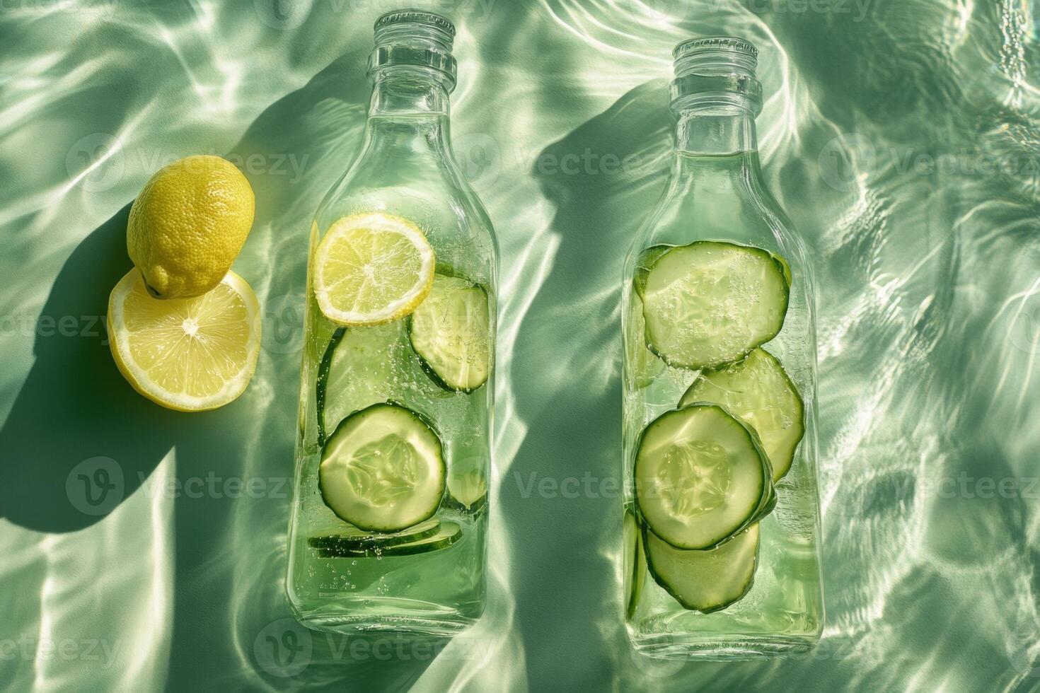 Cucumber and lemon detox water in glass bottles refreshing summer drink photo