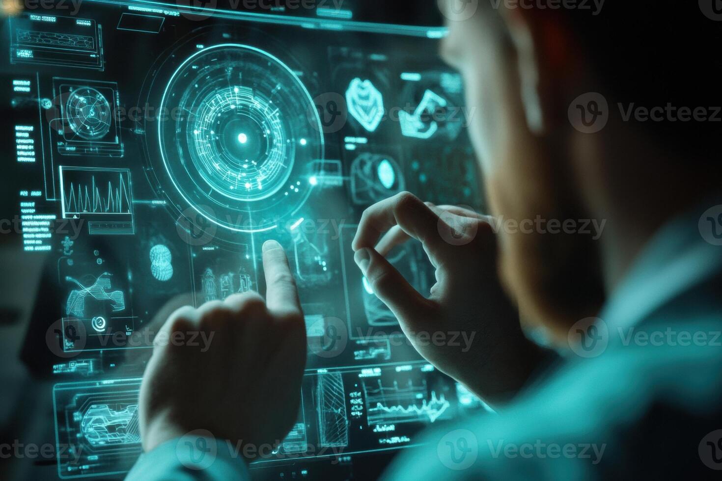 Doctor using futuristic interface with medical data analysis and diagnosis in hologram projection photo